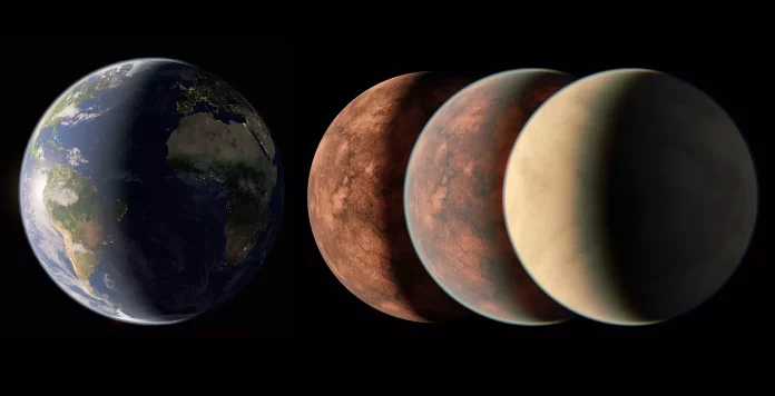 Порівняння екзопланети Gliese 12 b з трьома типами атмосфери (без неї, як у Землі, як у Венери) і Землі.
